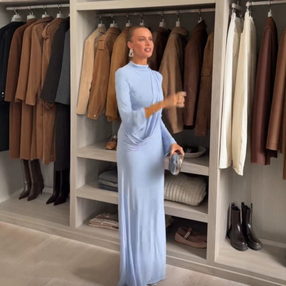 Women's Maxi Dress with Draped Front, Stand Collar and Bell Sleeves Chichicherry