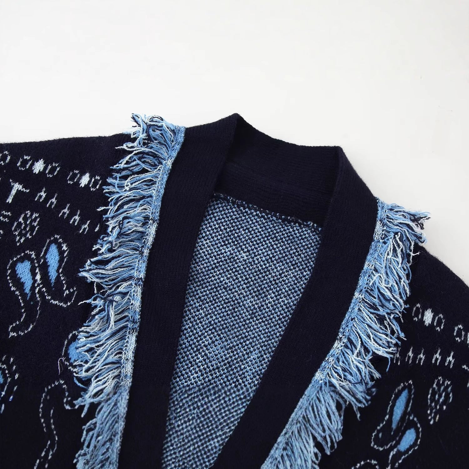 Women Fringe Kimono Cardigan with Paisley Jacquard and Tied Belt Chichicherry