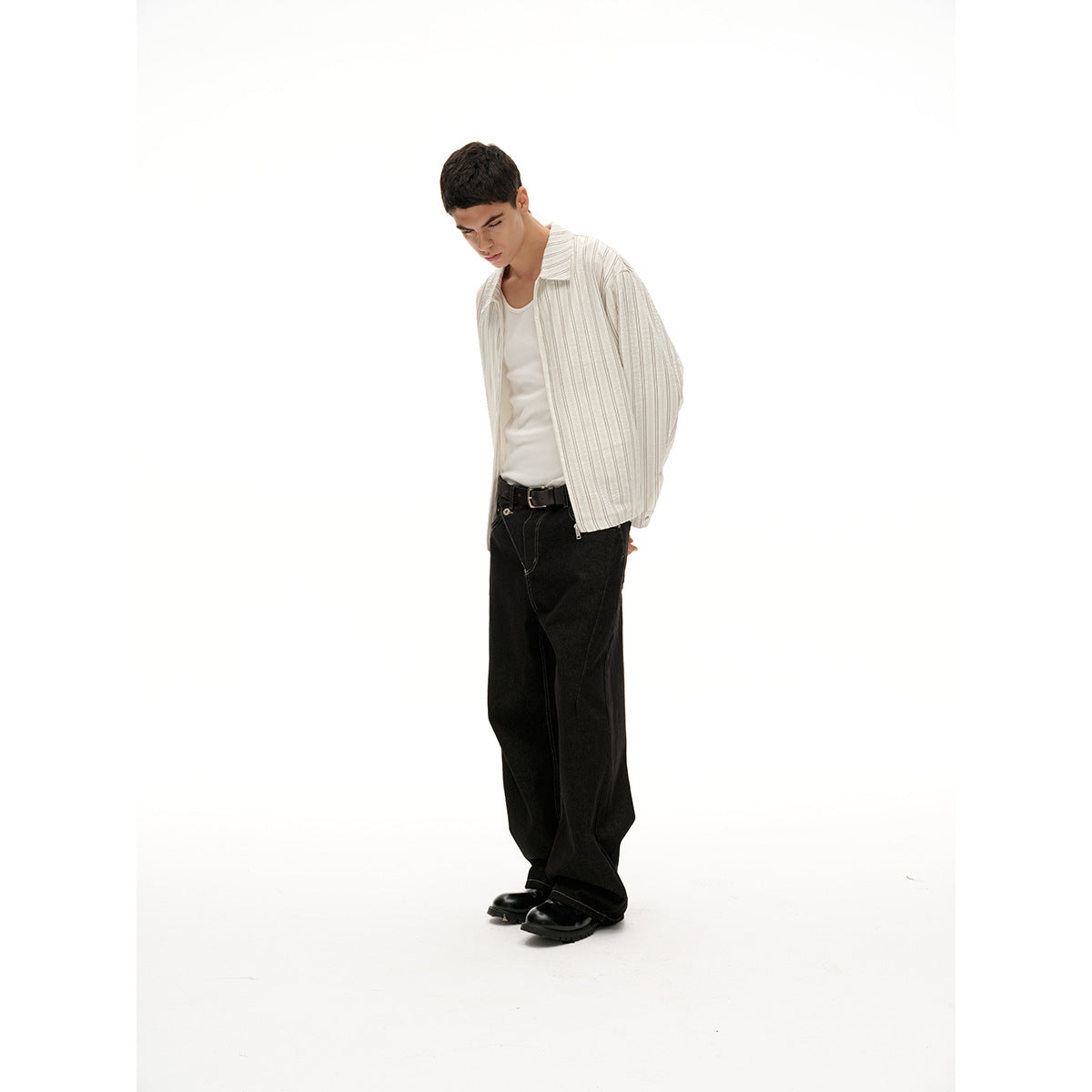 Unisex Lightweight Striped Overshirt Jacket with Shirt Collar and Concealed Zipper Chichicherry