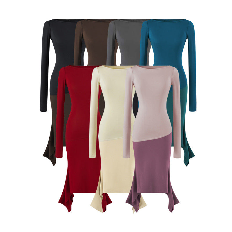 Women Figure-Hugging Midi Dress with Asymmetrical Hem and Panel Design Chichicherry
