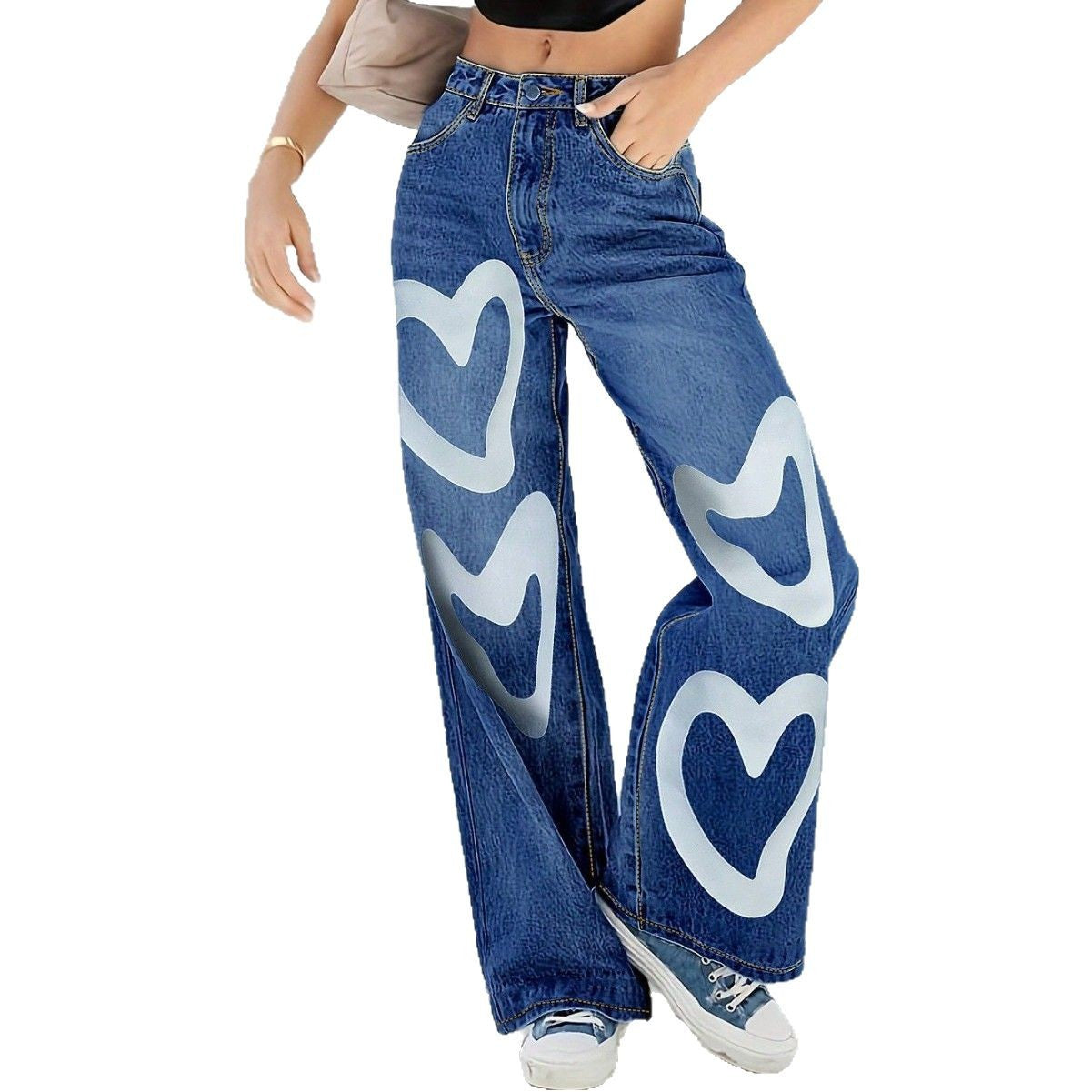 Ladies High-Waist Wide-Leg Jeans with large heart print Chichicherry
