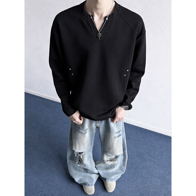 Men's Oversized Sweatshirt with V-Slit, Raglan Sleeves and Stud Details Chichicherry