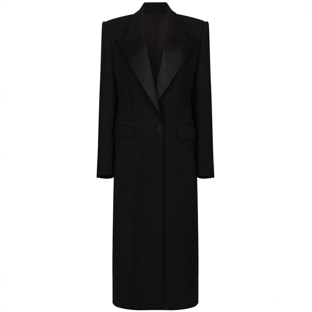 Women Elegant Tuxedo Pantsuit with Long Coat and Wide Pleated Trousers Chichicherry