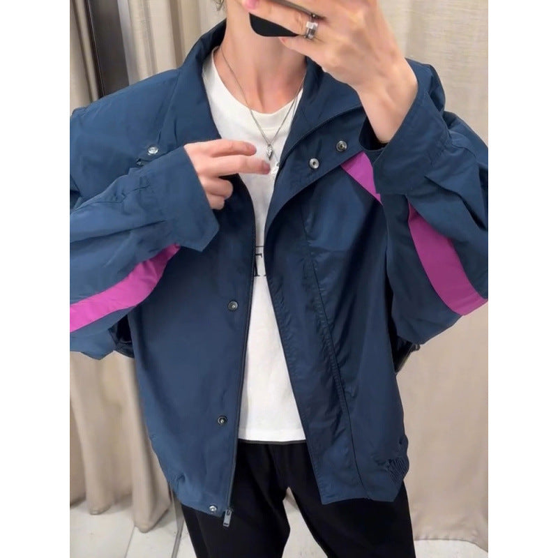 Women's Lightweight Oversized Windbreaker with High Stand-Up Collar and Contrast Stripes Chichicherry
