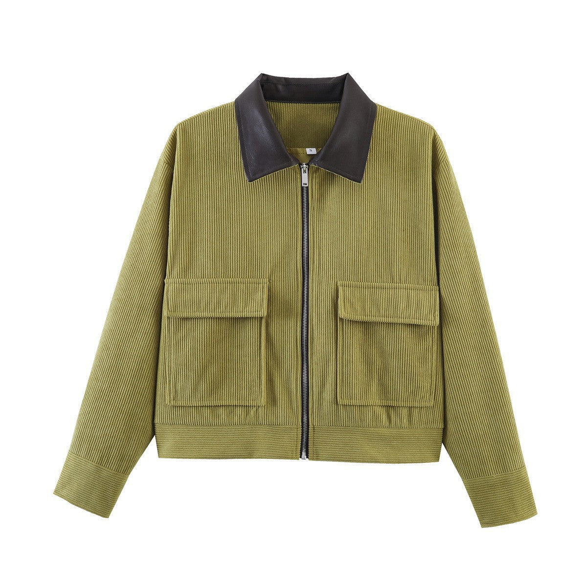 Women short-cut ribbed cardigan with contrast collar, patch pockets and zipper Chichicherry