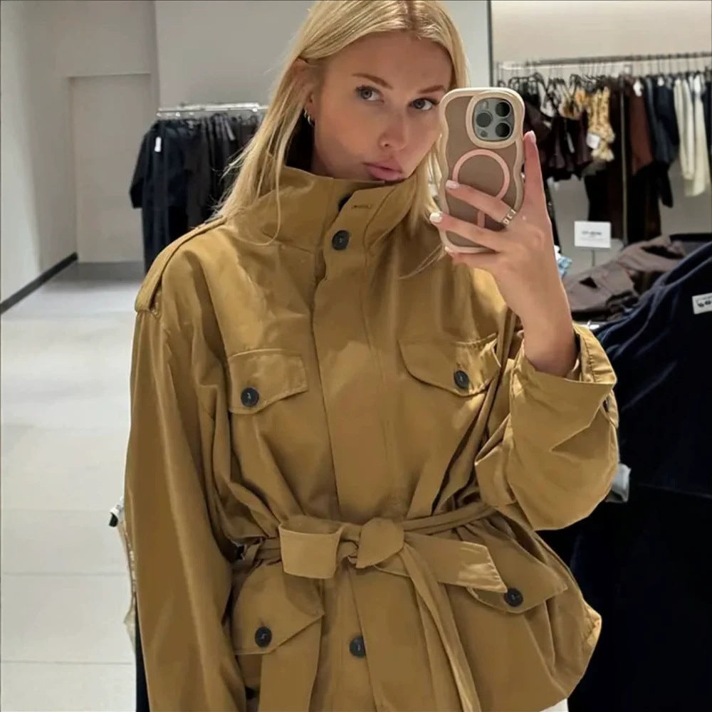 Women's Tailored Utility Jacket with Tie Belt, High Stand Collar and Flap Pockets Chichicherry