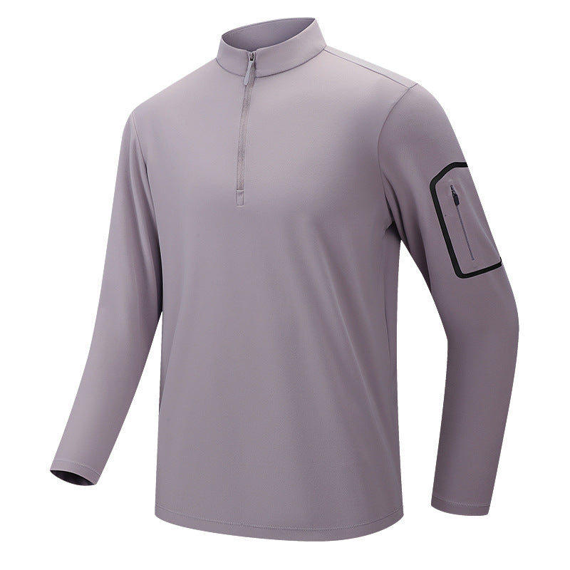 Men's Functional Long Sleeve Training Top with Stand-Up Collar and Zip Arm Pocket Chichicherry