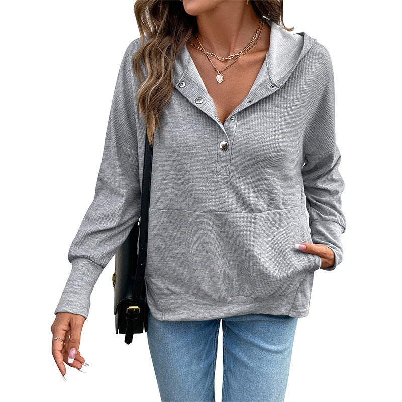 Women's Casual Waffle Hoodie with Henley Button Placket and Kangaroo Pocket Chichicherry