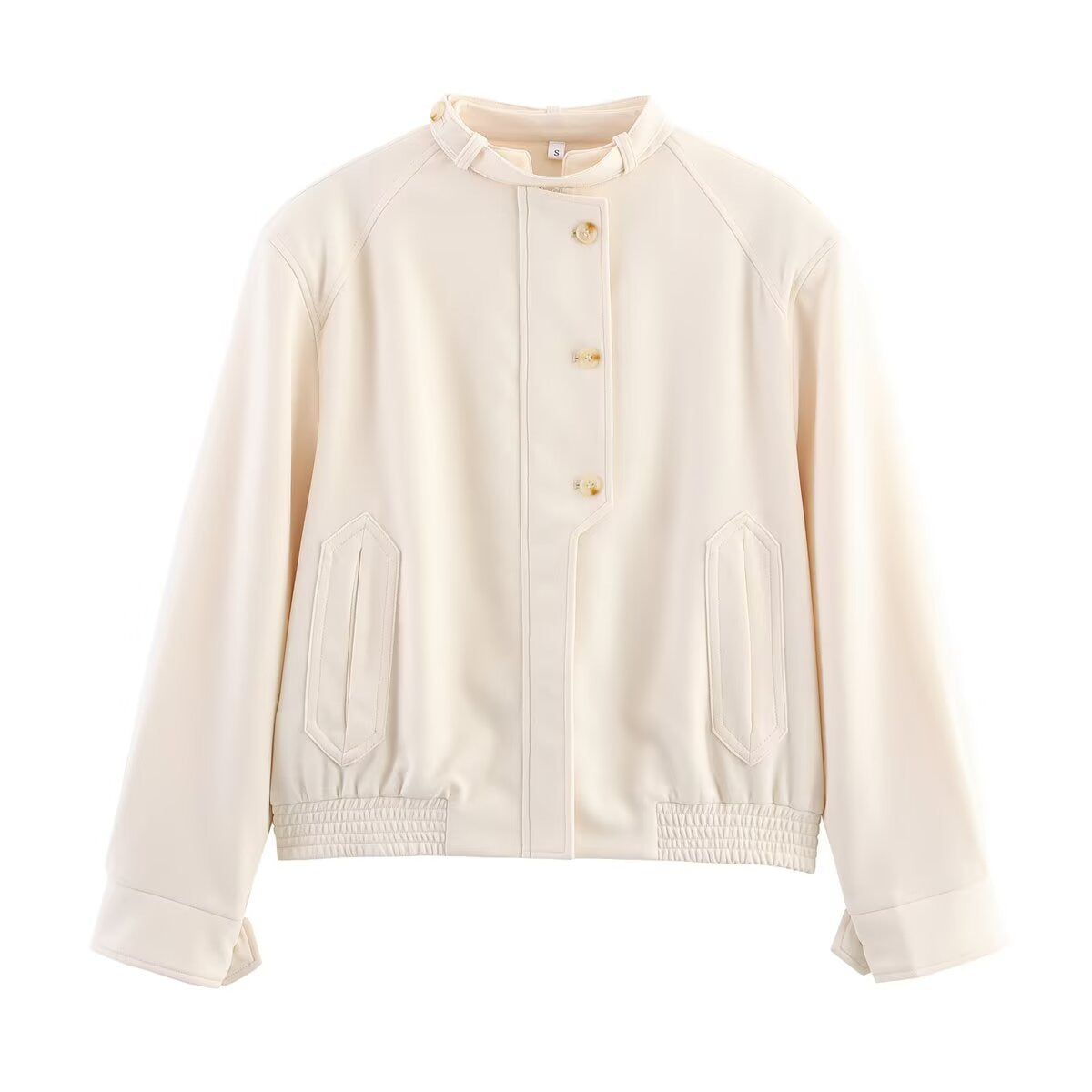 Women's bomber short jacket with stand-up collar, concealed button placket, and elastic hem Chichicherry