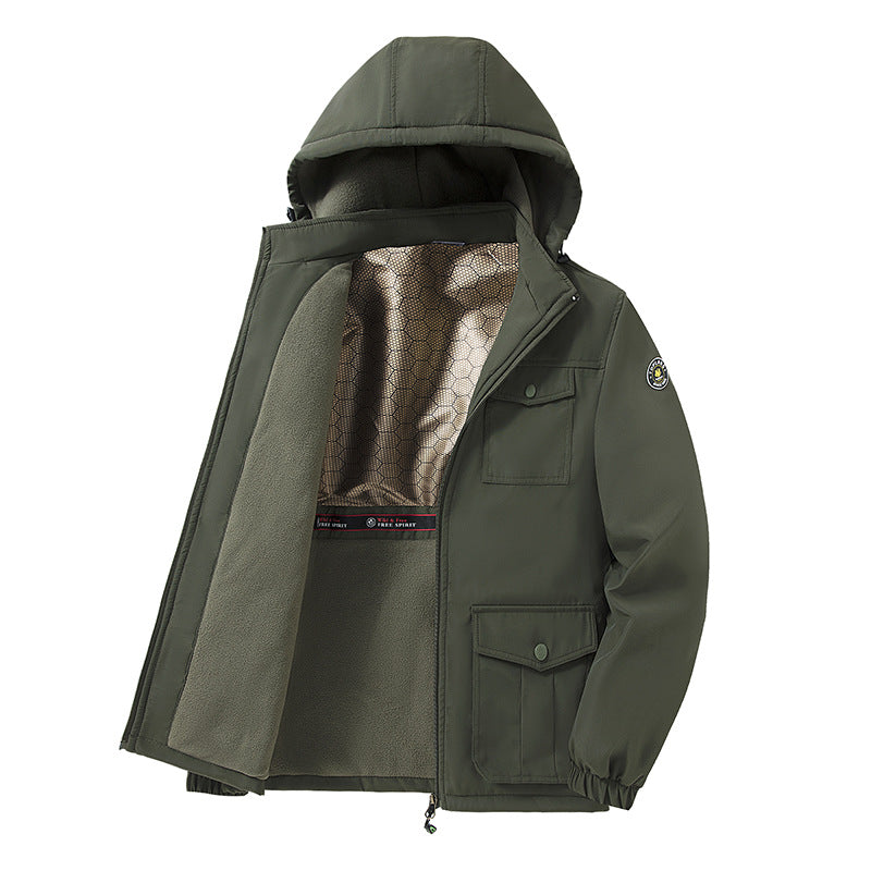 Men's Windproof Fleece-Lined Parka with Hood and Multi-Function Pockets Chichicherry