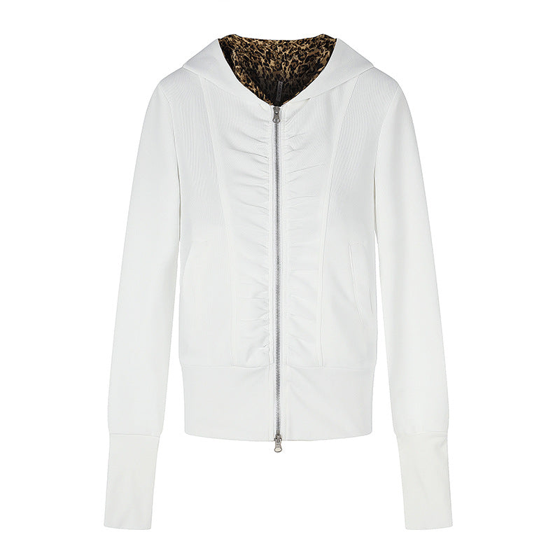 Women's Hooded Sweat Jacket with Full Zip, Gathered Front and Leopard Hood Lining Chichicherry