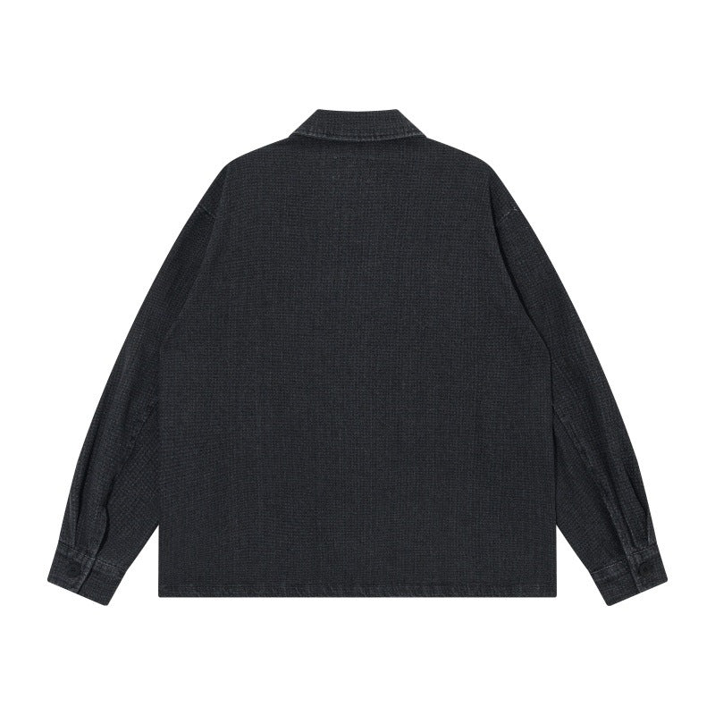 Men's short-cut denim chore jacket in boxy blouson style with Chinese toggle button placket Chichicherry