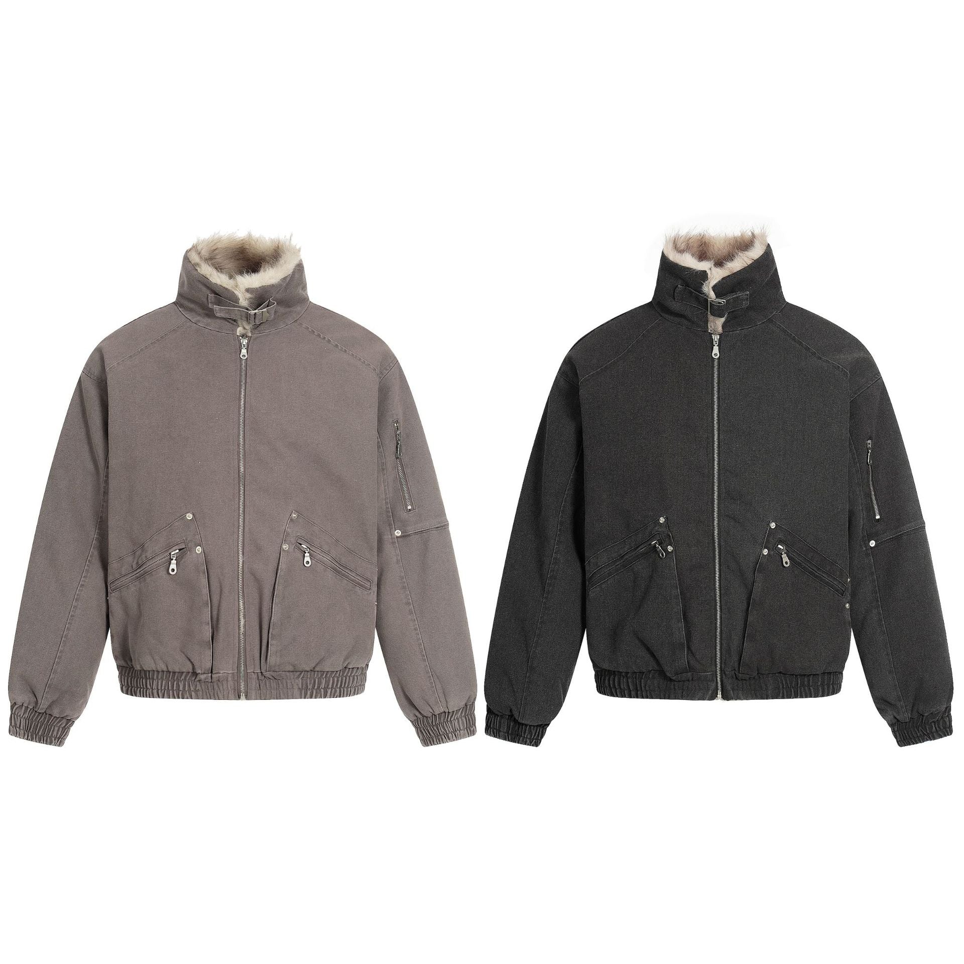 Men's Oversized Bomber Jacket in Vintage Canvas Look with Faux Fur Lined Stand Collar Chichicherry