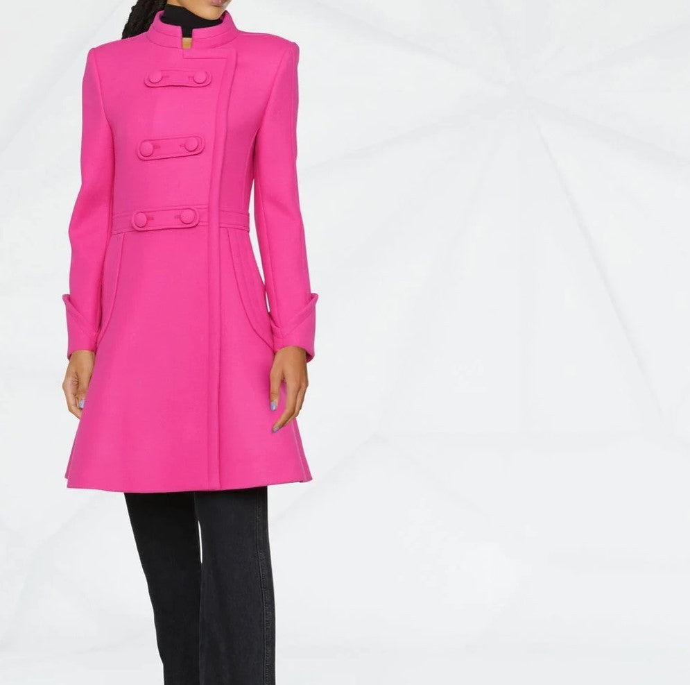 Women's Mid-Length A-Line Coat with Stand-Up Collar and Decorative Loop Closure Chichicherry