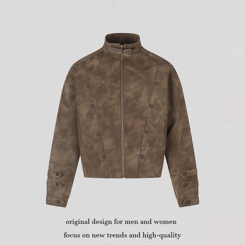 Men's short-cut suede-look jacket with stand-up collar, belt buckle, and decorative buttons Chichicherry