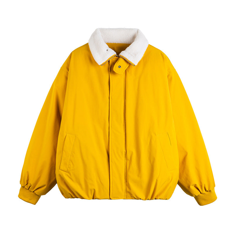 Unisex Short Cut Boxy Bomber Jacket with Teddy Turn-Down Collar and Concealed Front Chichicherry