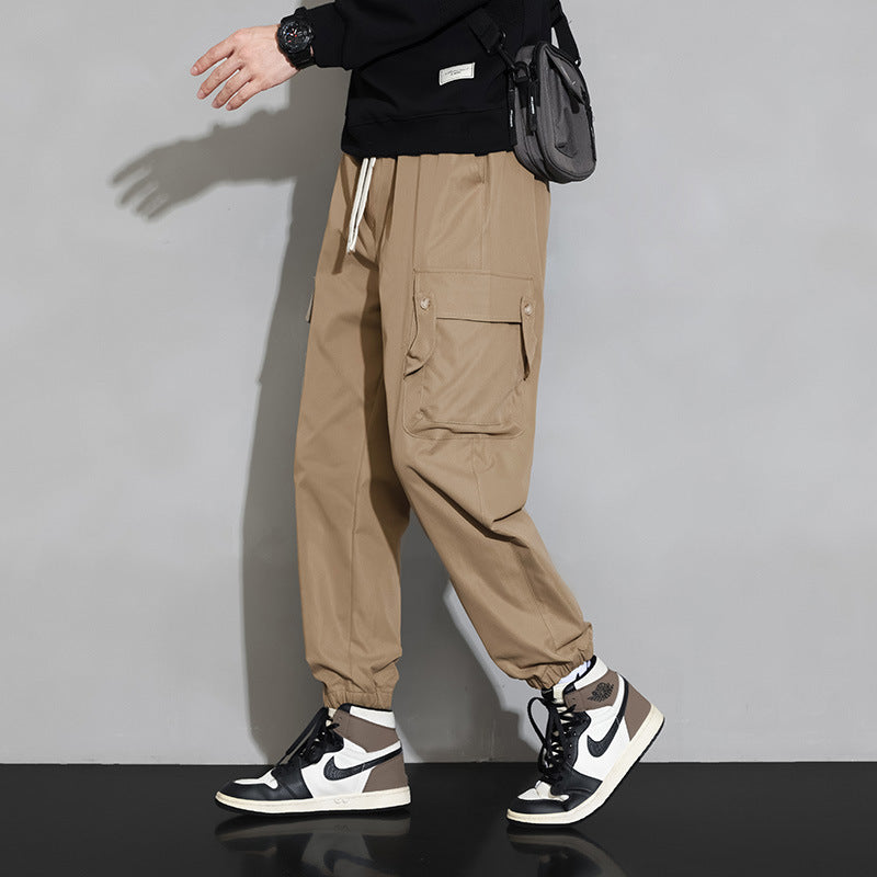 Men's Loose Utility Cargo Pants with Drawstring, Elastic Cuffs and Multifunctional Pockets Chichicherry
