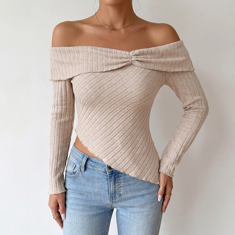 Women's Figure-Hugging Off-Shoulder Ribbed Knit Top with Knot Front and Asymmetrical Hem Chichicherry