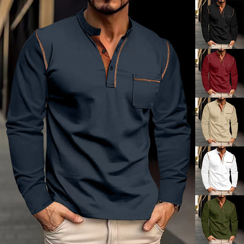 Men's Long Sleeve Henley Shirt with Stand Collar and Chest Pocket Chichicherry