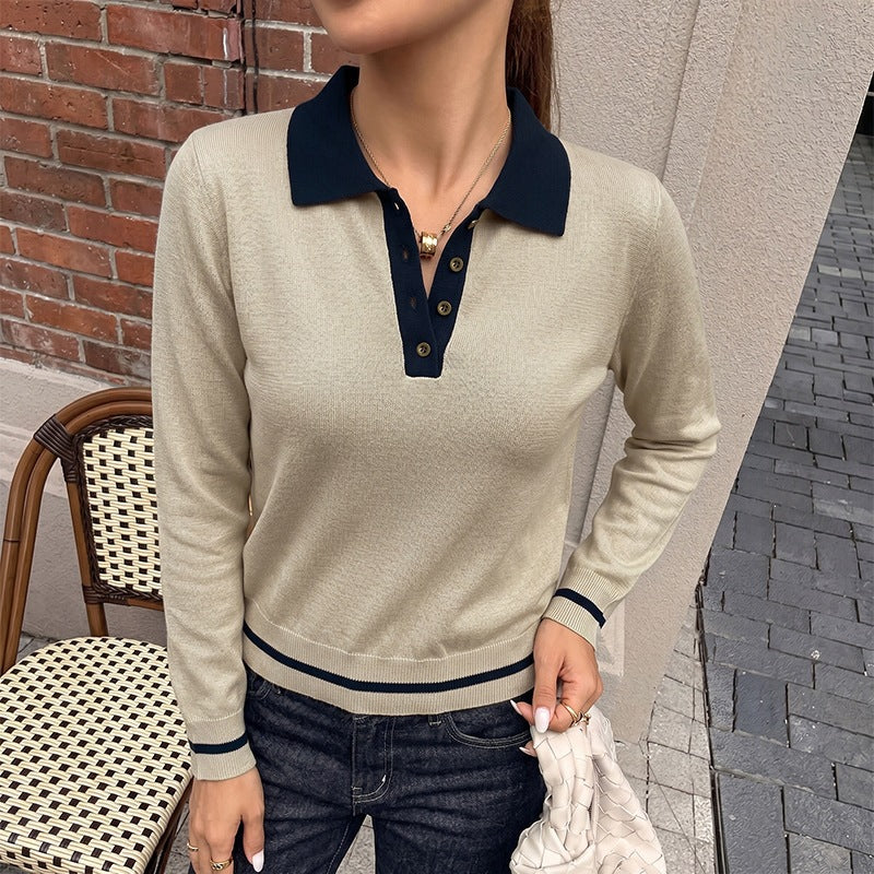 Women's Fine Polo Collar Knit Sweater with Button Placket, Contrast Collar and Striped Cuffs Chichicherry
