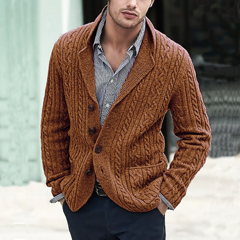 Men's Cable Knit Blazer with Shawl Collar and Button Placket Chichicherry