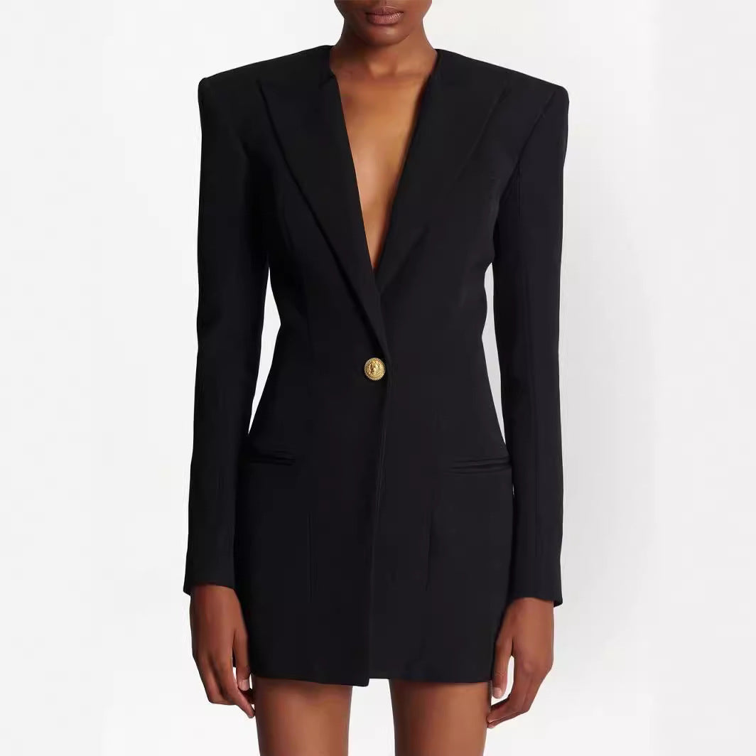 Women's short blazer dress in minimalist tailoring with emphasized shoulder and single-button closure Chichicherry