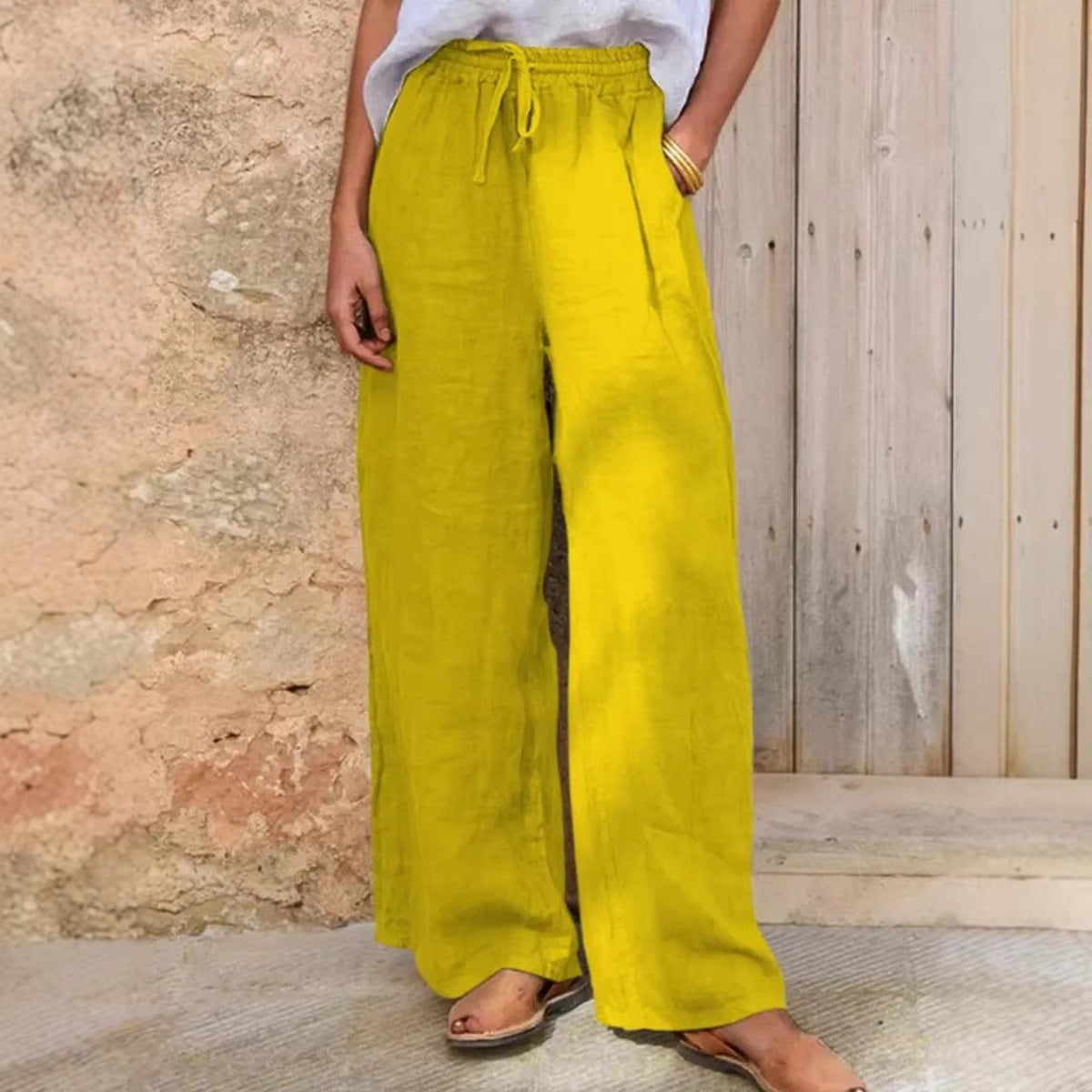 Women's High-Cut Linen Palazzo Pants with Drawstring and Wide Leg Chichicherry
