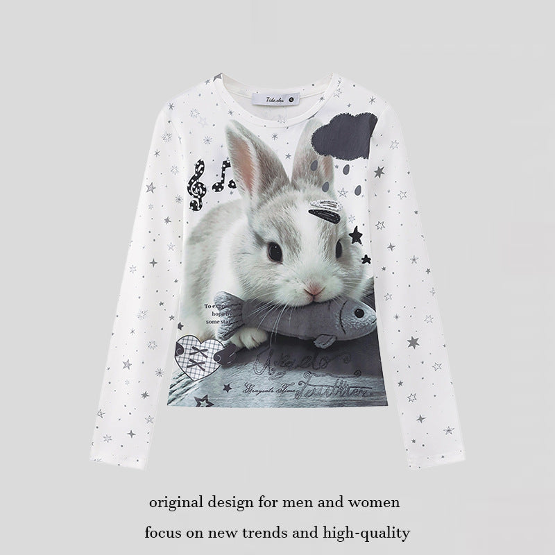 Women's long-sleeve shirt with photorealistic rabbit photo print, allover star pattern and elastic jersey fabric