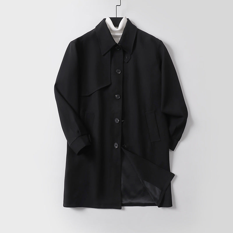 Men's modern minimalist trench coat with asymmetric shoulder flap and knee-length silhouette Chichicherry