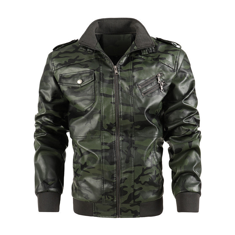 Men's Camouflage Faux Leather Bomber Jacket with Epaulettes, Zipper Pockets and Ribbed Hem Chichicherry