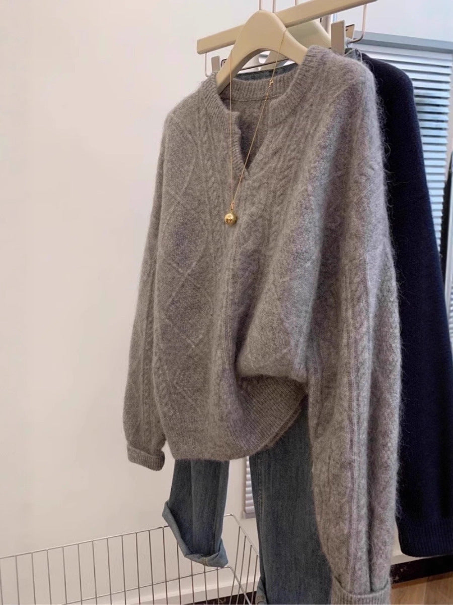 Women Oversize Mohair-Look Cable Knit Sweater with V-Neck and Drop Shoulder Chichicherry