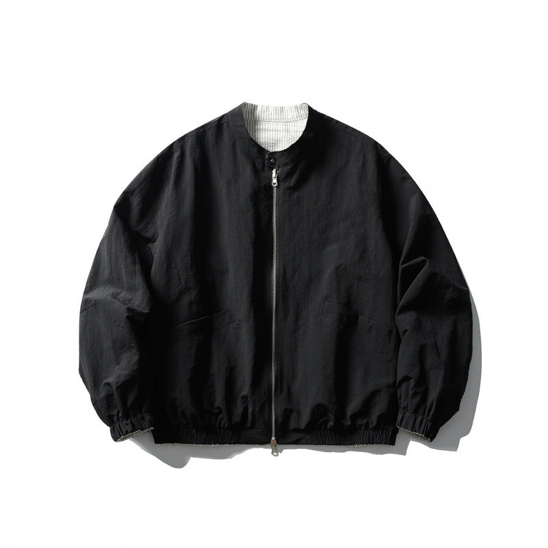 Unisex Light Oversized Bomber Jacket Made of Textured Fabric with Stand-Up Collar and Elastic Hem Chichicherry