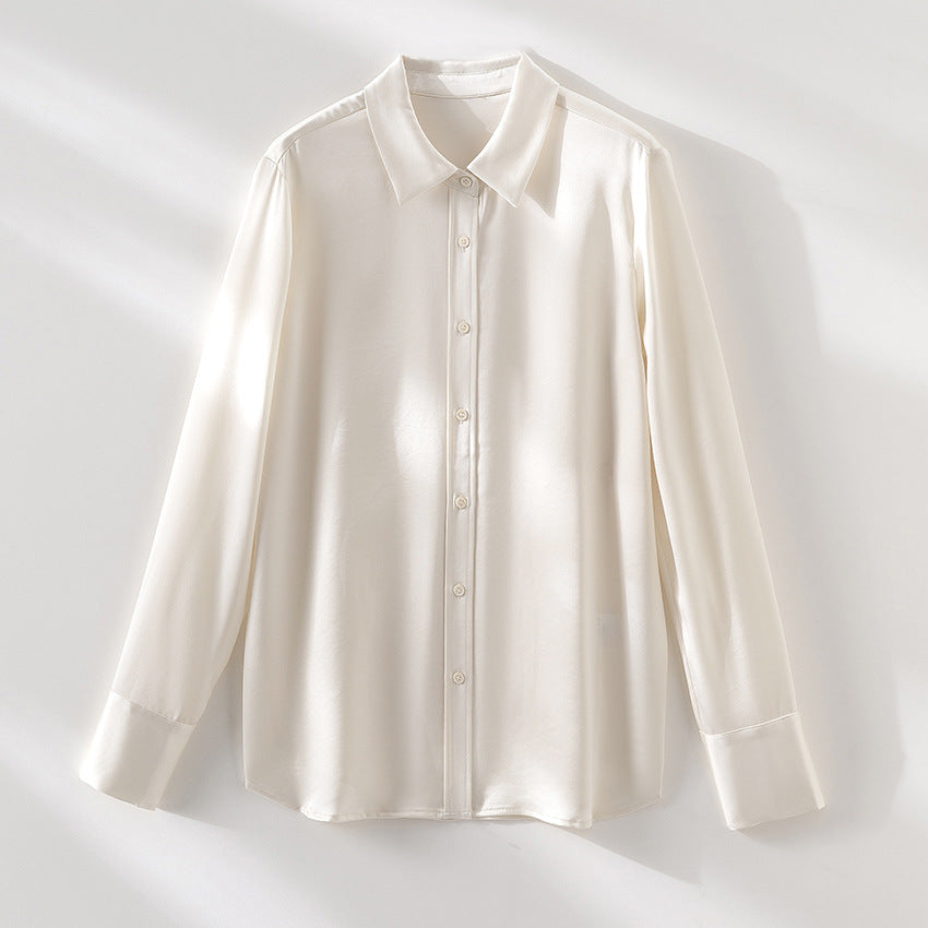 Women's Silk Look Blouse with Shirt Collar, Concealed Button Placket and Extended Cuff Detail Chichicherry