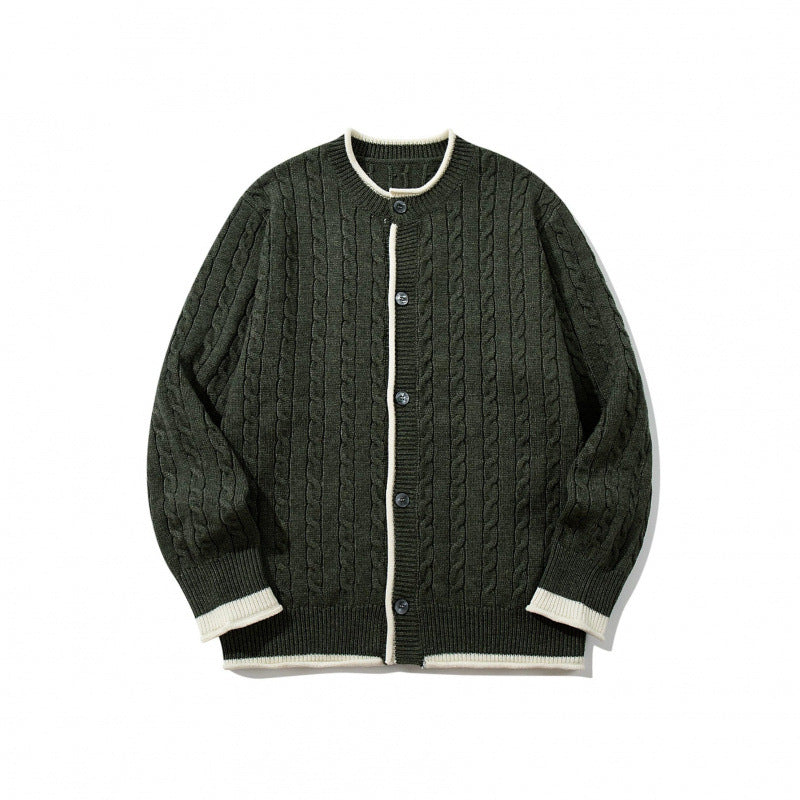 Unisex fine knit cardigan with cable pattern, round neck and contrast trim Chichicherry