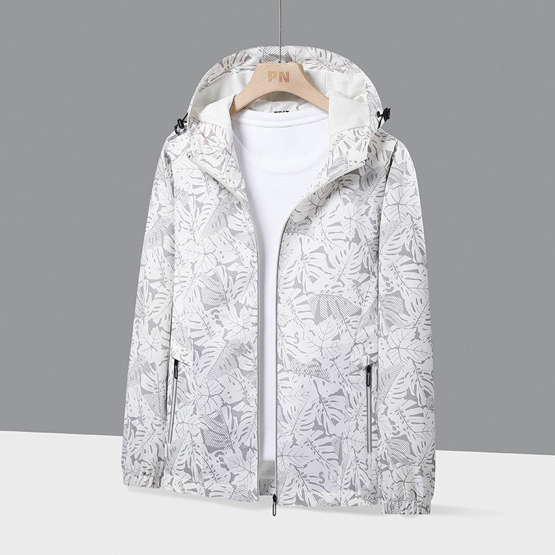 Men's Lightweight Hooded Windbreaker with Botanical Allover Print and Elastic Cuffs Chichicherry