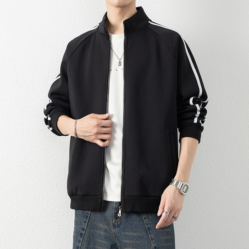 Men's leisure training jacket with stand-up collar, zipper, and contrast stripes Chichicherry