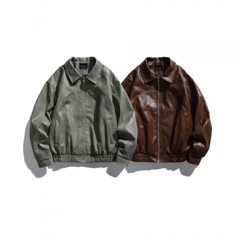 Men's short boxy leather look blouson jacket with shirt collar, front zipper and elastic hem Chichicherry