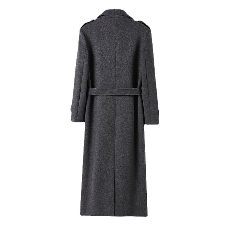 Men's Floor-Length Single-Breasted Wool Blend Coat with Distinctive Lapels and Shoulder Straps Chichicherry