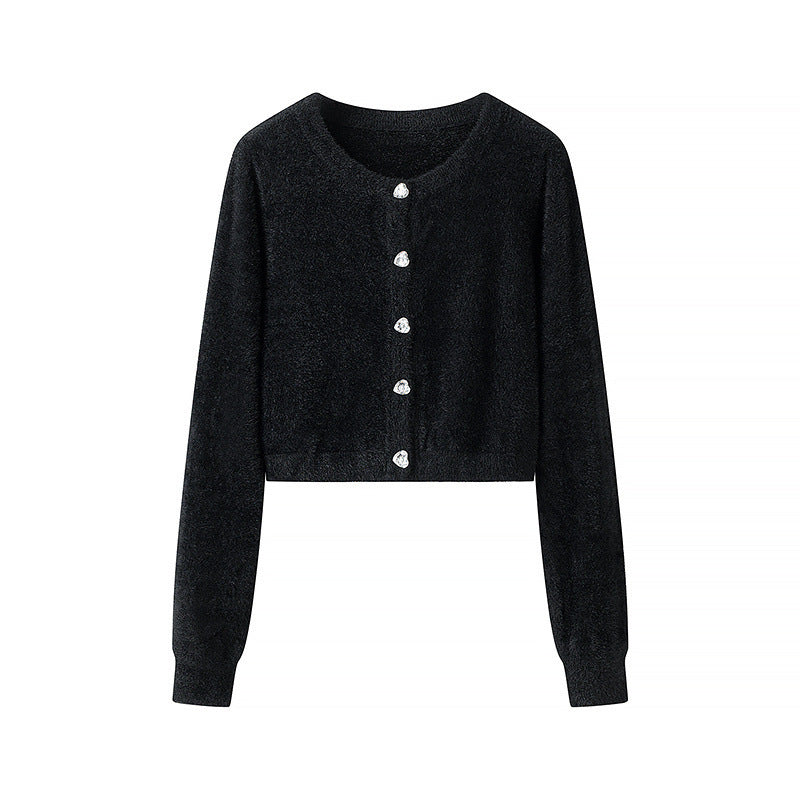 Women Fluffy Cropped Cardigan with Round Neck and Decorative Button Placket Chichicherry