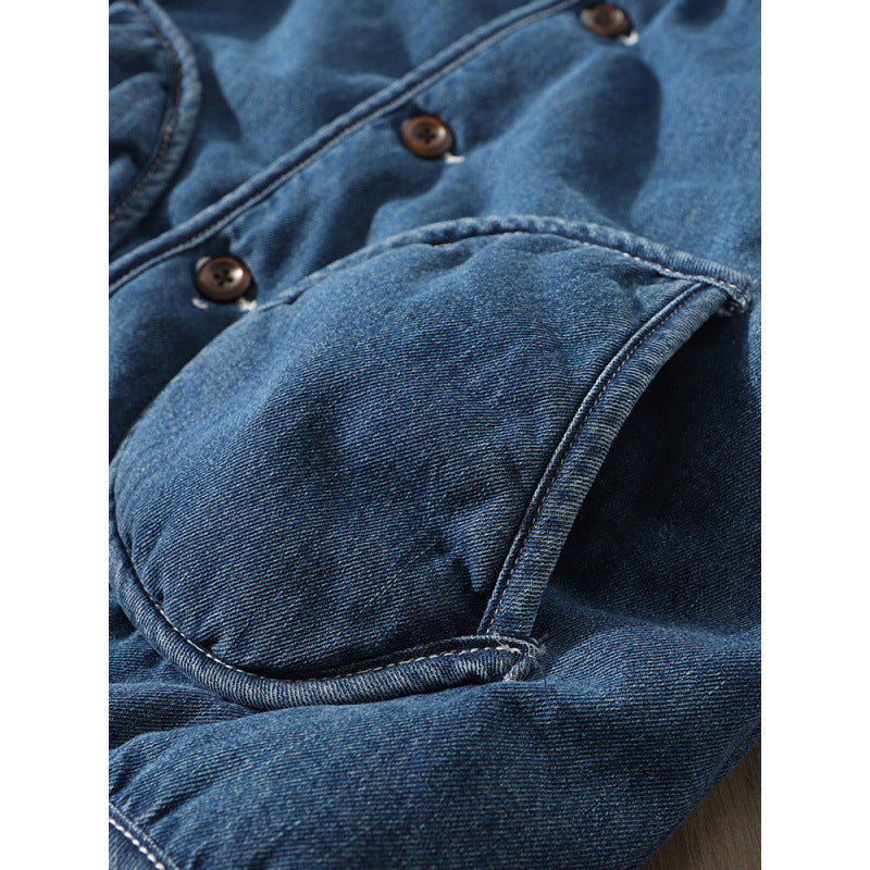 Herren Gefütterte Denim-Utility-Jacke ohne Kragen mit Knopfverschluss und runden Pattentaschen Chichicherry