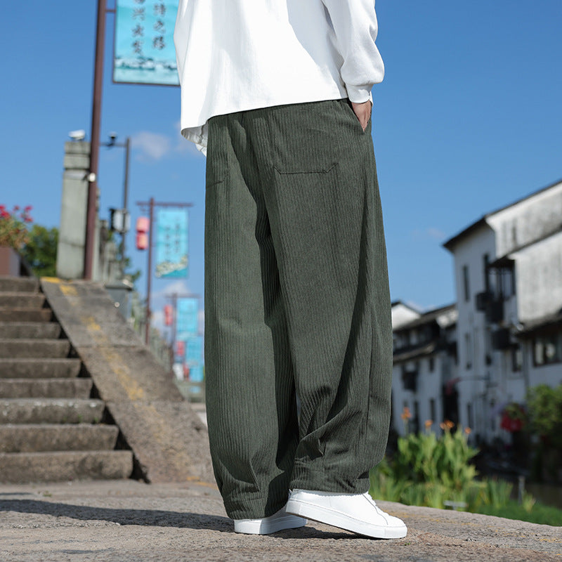 Men's loose-fitting corduroy relax pants with elastic waistband and decorative cord Chichicherry