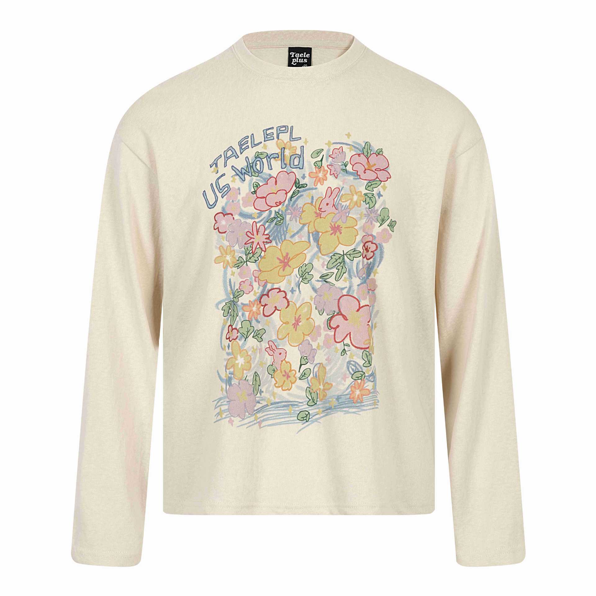 Unisex Relaxed-Fit Long Sleeve Shirt with Floral Illustration Graphic and Ribbed Crew Neck