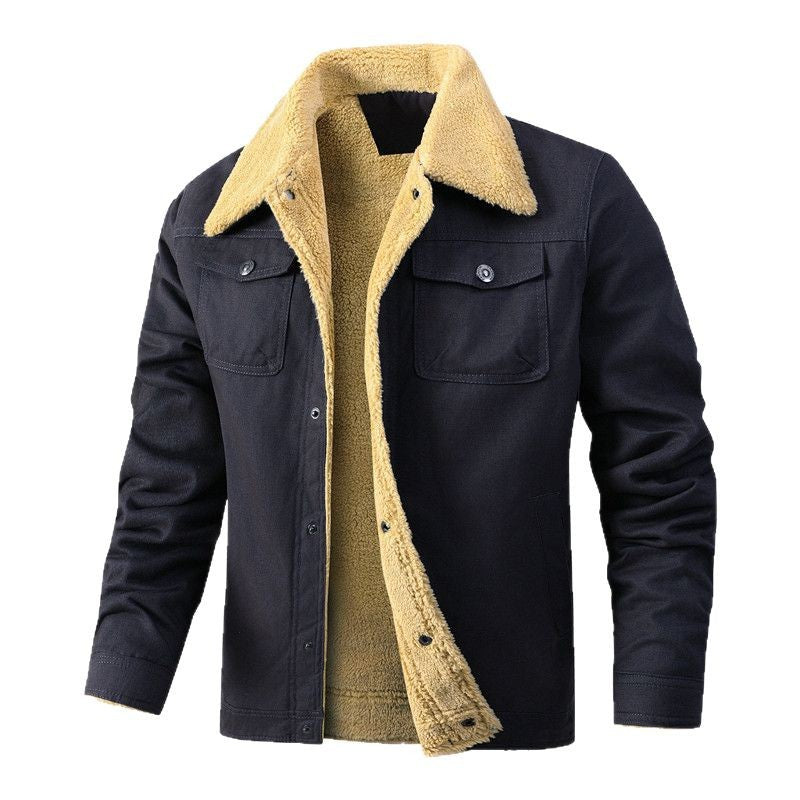 Men's Casual Sherpa-lined Canvas Trucker Jacket with Shirt Collar Chichicherry