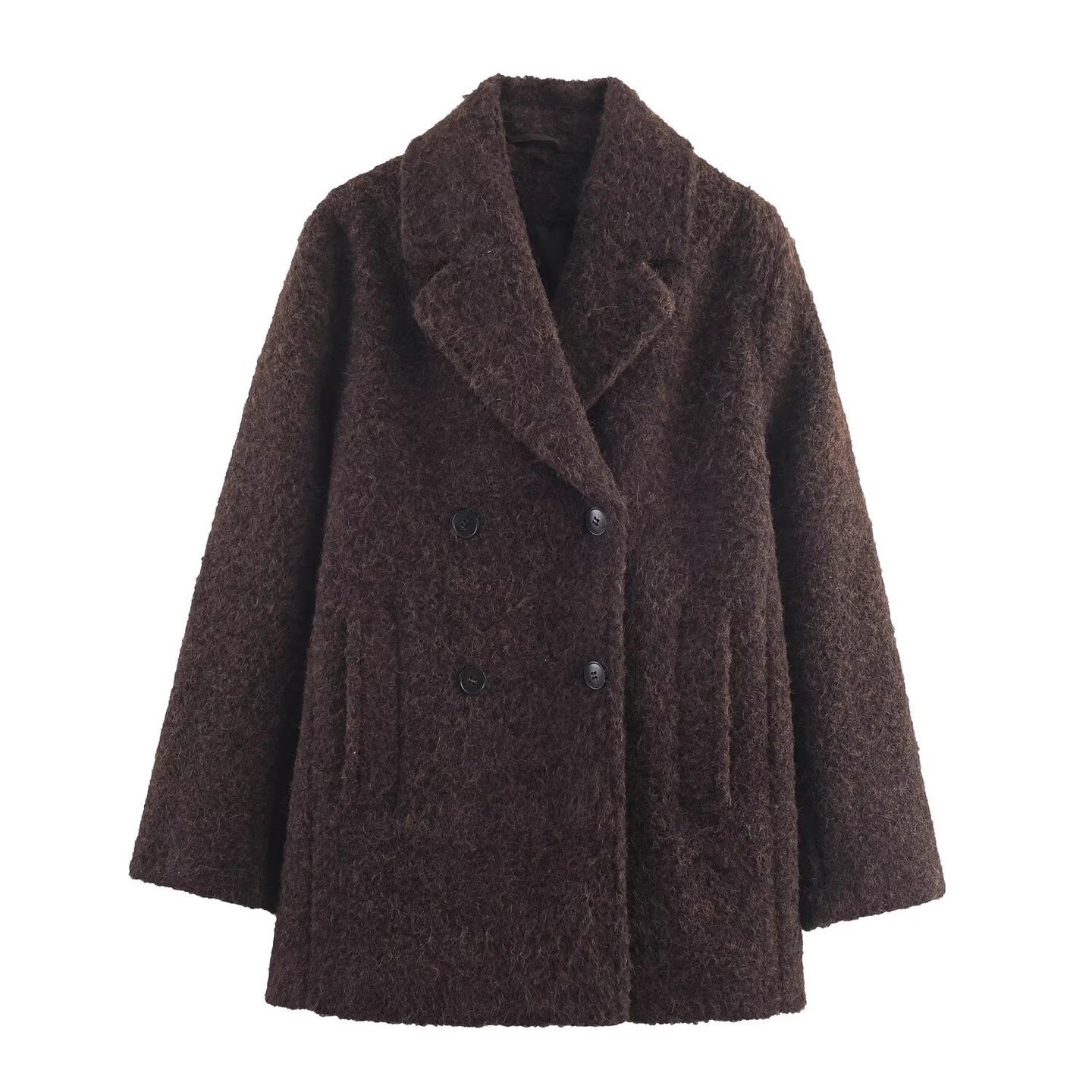 Ladies Double-Breasted Teddy Coat with Shawl Collar and Patch Pockets Chichicherry