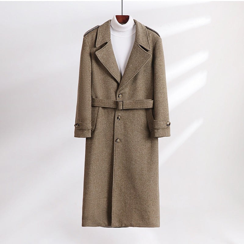Men's Maxi-Length Wool Blend Overcoat with Boxy Silhouette, Shawl Collar and Decorative Epaulettes Chichicherry