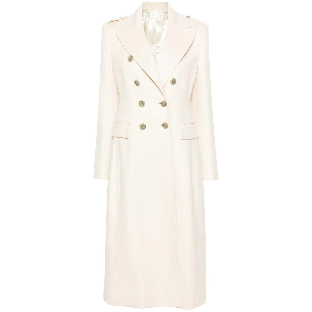 Women Long Double-Breasted Coat made of Wool Blend with High Stand-up Collar and Flap Pockets Chichicherry