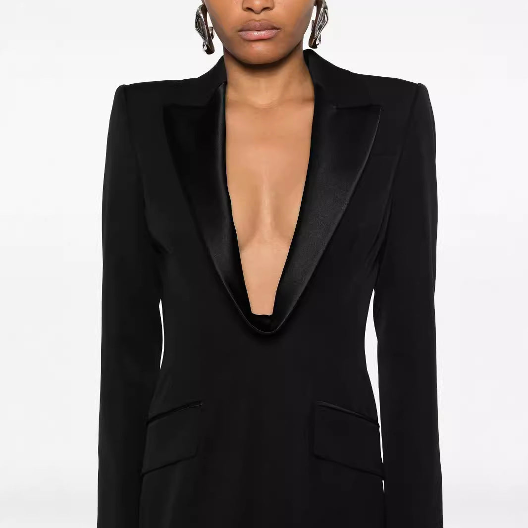Ladies Tailored Evening Maxi Dress in Tuxedo Blazer Style Chichicherry