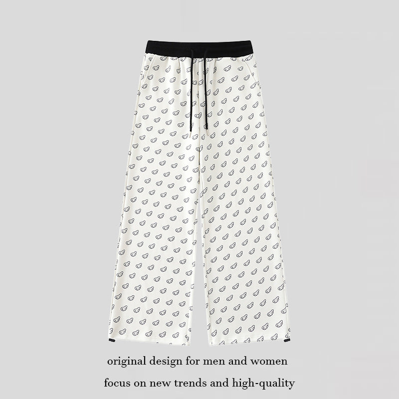 Women's Wide Palazzo Lounge Pants with Elastic Comfort Waistband, Drawstring and Allover Mini Icon Print Chichicherry