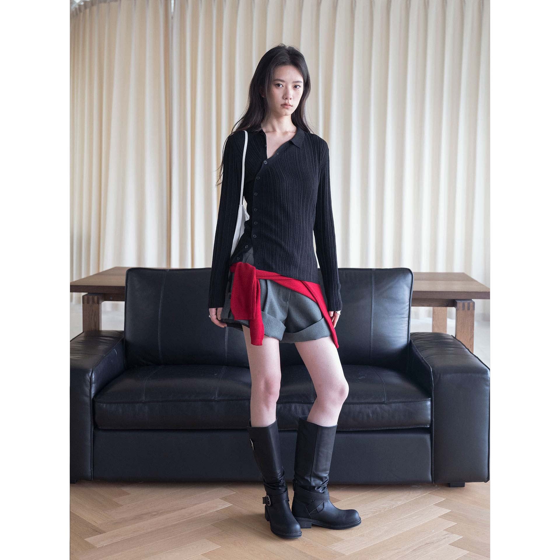 Women's fine knit long cardigan with kent collar and fine ribbed texture Chichicherry