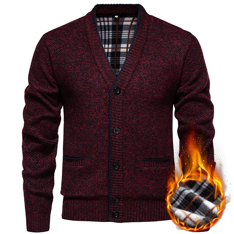 Men's Structured V-Neck Knit Cardigan with Contrasting Edge and Checked Lining Chichicherry
